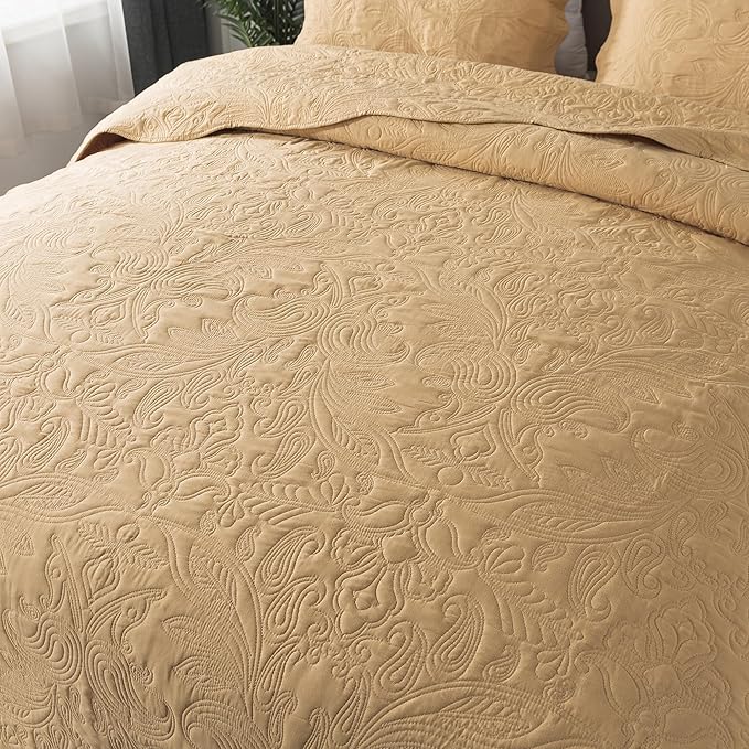 HoneiLife Embroidered Quilt King Size - 3 Pieces Microfiber Quilt Sets Lightweight Bedspreads Reversible Coverlets Retro Bed Cover Paisley Pattern Bedding Set All Season Quilts-Yellow