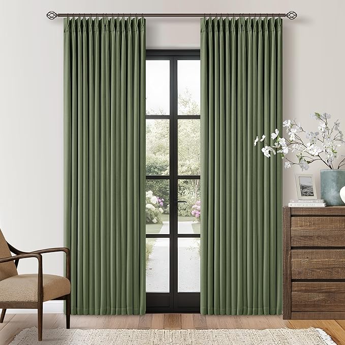 Olive Green Blackout Pinch Pleat Curtains 84 Inches Long 2 Panels for Living Room Bedroom 100% Black Out Linen Dual Layer Pleated with Hooks Rings Back Tab Room Darkening Loden Drapes 84 Inch Length