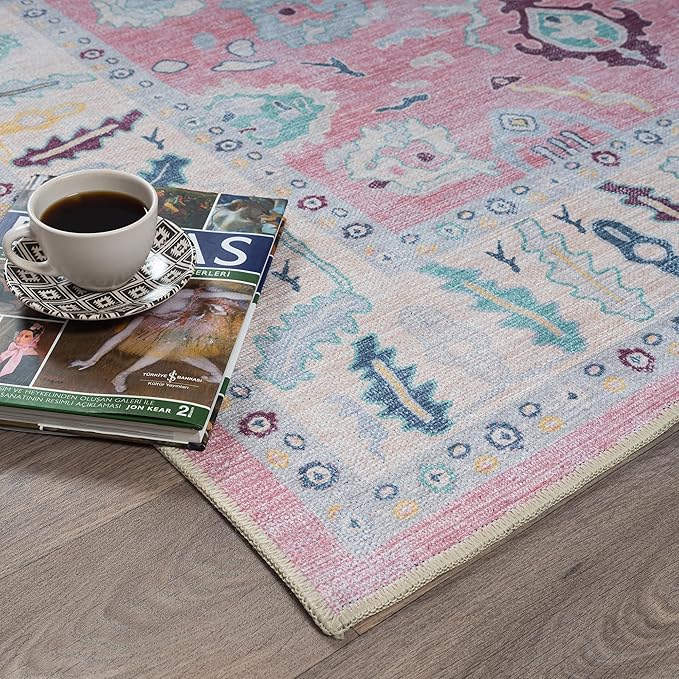 Fame Rugs Pink Modern Oushak Rug 2'6"x7', Washable Vintage Turkish Colorful Oriental Antique Inspired Foldable Small Runner Rugs, Luxury Living Room Bedroom (385PB, 2'6" x 7')
