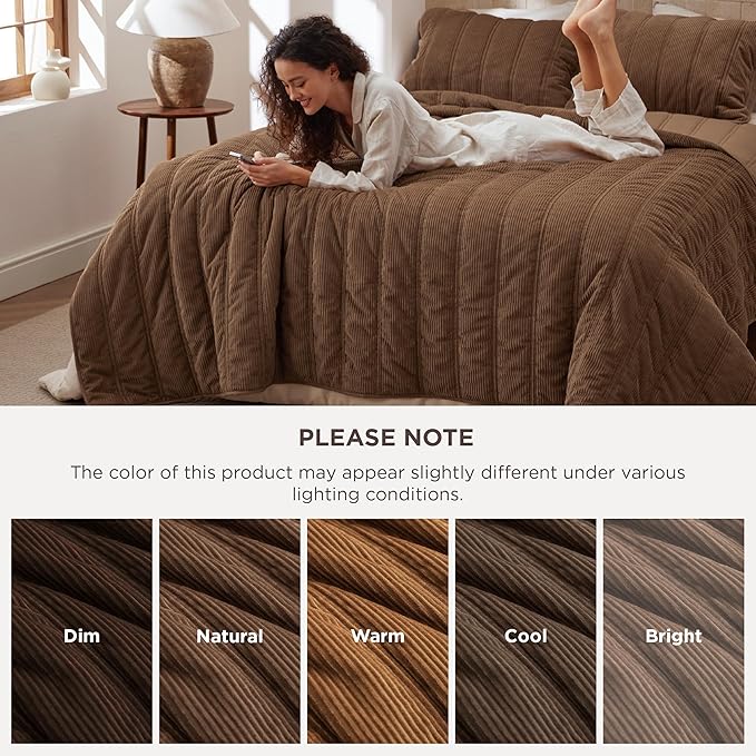 Bedsure Luxury Velvet Quilt Queen Size - Lightweight Velvet Brown Fluffy Comforter Set, Oversized Corduroy Bedspread Coverlet Winter Bedding Set, Pet-Friendly, Tear-Resistant, Ultra-Soft, 90"x96"