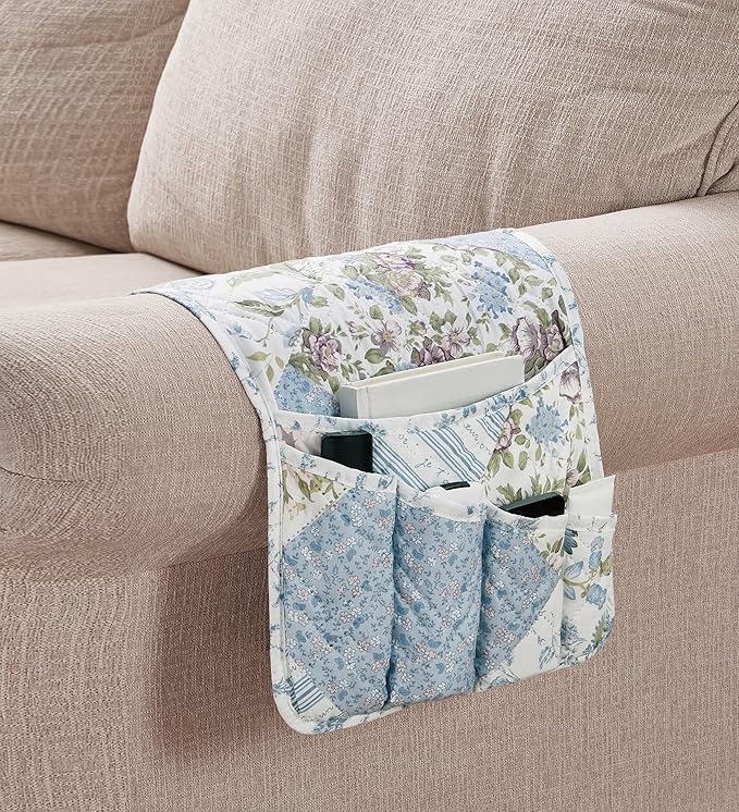 Brilliant Sunshine Blue Rose Patchwork Couch Armrest 5 Pockets Organizer, Slip Resistant Recliner Armchair Caddy, Washable Remote Controls Holder, Storage for Magazine, Tablet, Phone, iPad, Blue Rose
