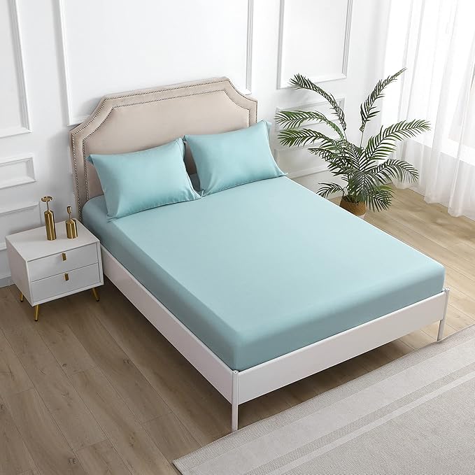 Linen World Lyocell Cooling Bed Sheets Set Queen Size,100% Organically Grown Viscose Sheets,Deep Pocket Up to 16",4 Pieces Silky Soft,Breathable Bedding Sheets & Pillowcases(Ice Blue,Queen)