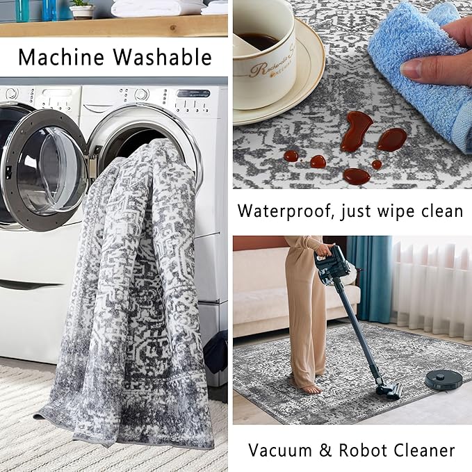 vivorug Runner Rug 2'x8' Vintage Washable Non-Slip Runners for Hallways Kitchen Entryway Laundry Room Carpet Hallway Runner Grey