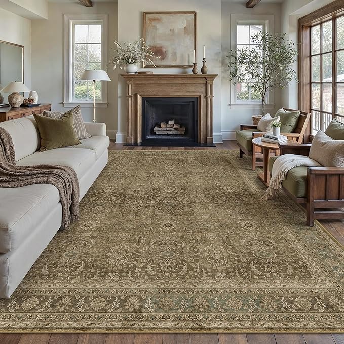 Brown 8x10 Area Rug Washable Vintage Carpet for Living Room Bedroom Large Soft Retro Floral Low Pile Thin Indoor Rug Non Slip Traditional Distressed Floor Cover for Dining Room Office