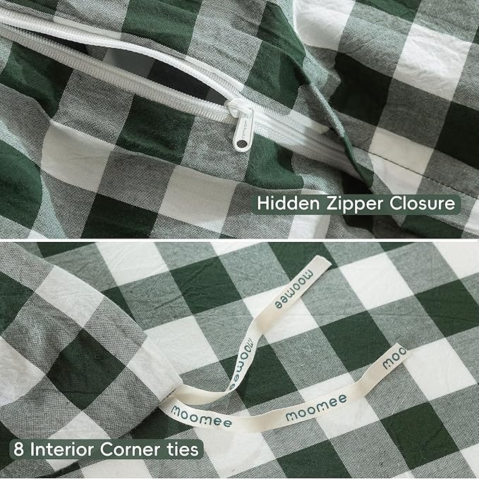 MooMee Gingham Duvet Cover Set 100% Washed Cotton Linen Like Textured Breathable Durable Soft Comfy Modern Checkered Design (Buffalo Plaid Forest Green, Oversized Full 82"x86")