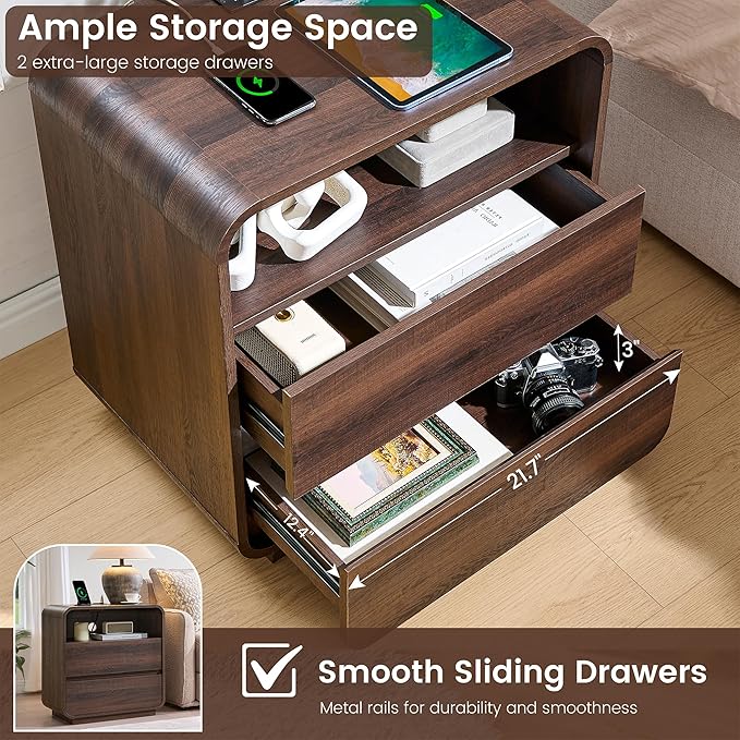 Farmhouse Night Stand, 25" Tall Wooden Nightstand with Charging Station, 2 Storage Drawers Bedside Table Curved Profile, Handleless, Large End Table Side Table for Bedroom, Office, Walnut