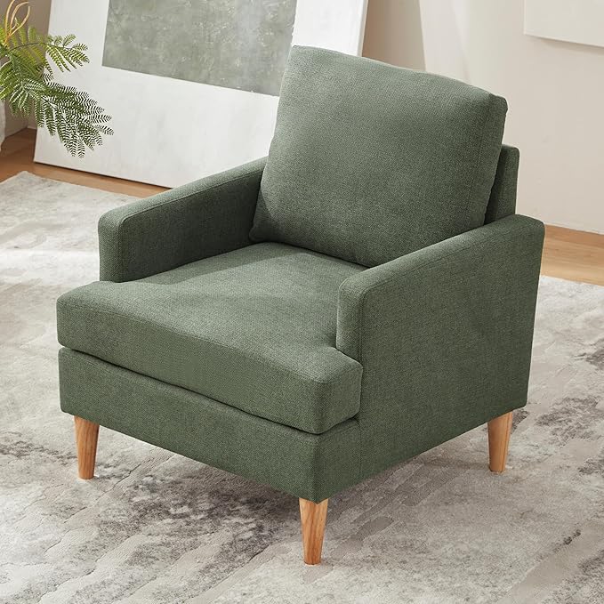 VKNOW Mid-Century Accent Chair, No Tools Assembly Required, Modern Upholstered Polyester Armchair for Living Room,Comfy Reading Accent Chairs with Wood Legs for Bedroom, Green