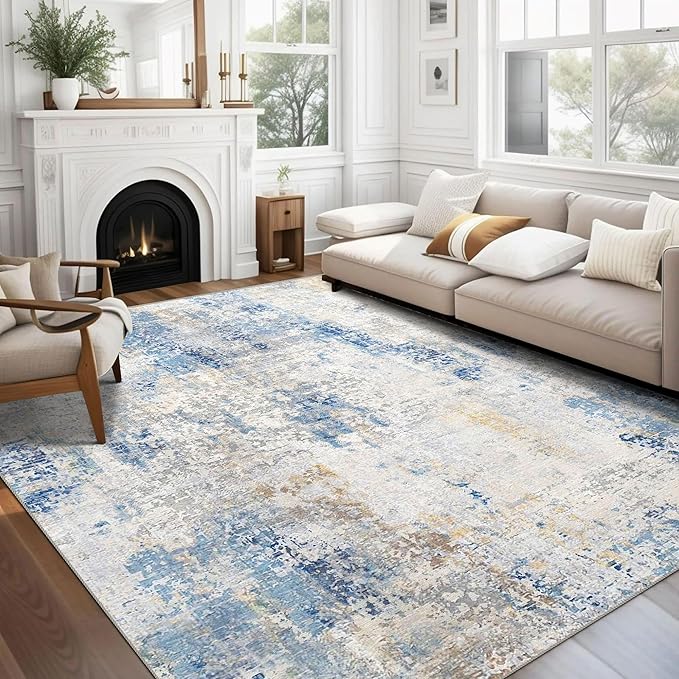3x5 Rug, Small Area Rug for Living Room, Bedroom, Kitchen, Machine Washable Non-Slip Throw Rug, Modern Abstract Carpet for Entryway Nursery Coffee Table, Blue Ivory Yellow