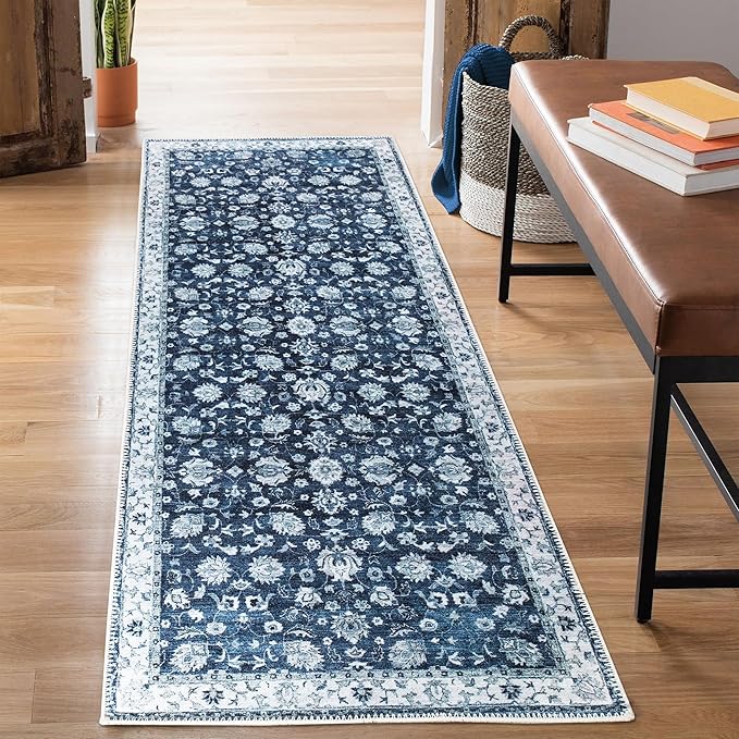 Bloom Rugs Washable Non-Slip 10 ft Runner - Dark Blue Traditional Bordered Runner for Entryway, Hallway, Bathroom, and Kitchen - Exact Size: 2.5' x 10'