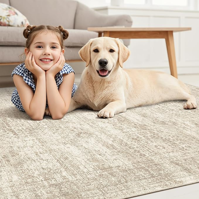 9x12 Area Rugs for Living Room, Non Slip Machine Washable Vintage Rugs, Low Pile Lightweight Large Rug for Bedroom, Dining Room, Home Office Beige