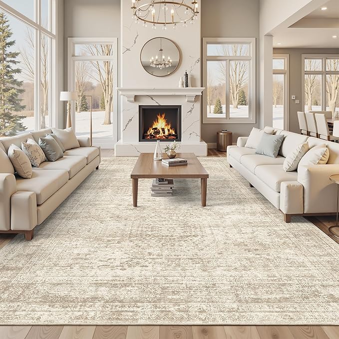 10x14 Area Rugs for Living Room, Non Slip Machine Washable Vintage Rugs, Low Pile Lightweight Large Rug for Bedroom, Dining Room, Home Office Beige