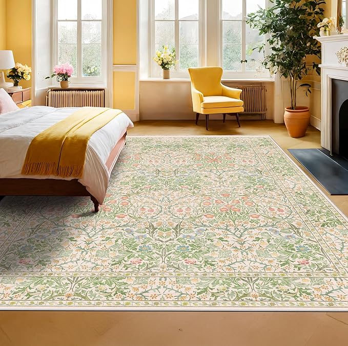 Light Beige Green Floral Living Room Rug, 7x9 Washable Area Rug for Kids Room, Bedroom, Nursery Room, Living Room, Dining Room, Low Pile Non-Slip - Vintage Design & Stain Resistance