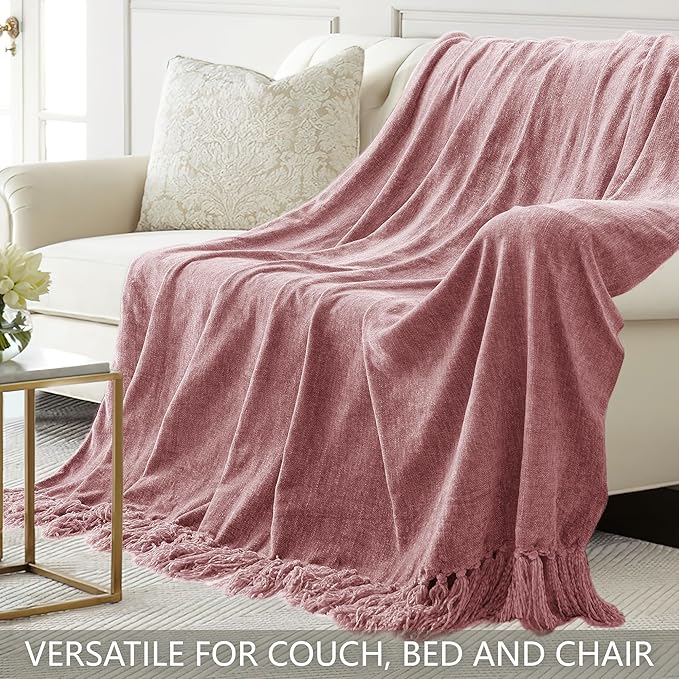 Chenille Throw Blanket for Couch 50"X 60", Soft Cozy Throws with Fringe Tassel for Bed Sofa Chair Cover, Lightweight Knitted Decorative Boho Blankets for Living Room, Mauve