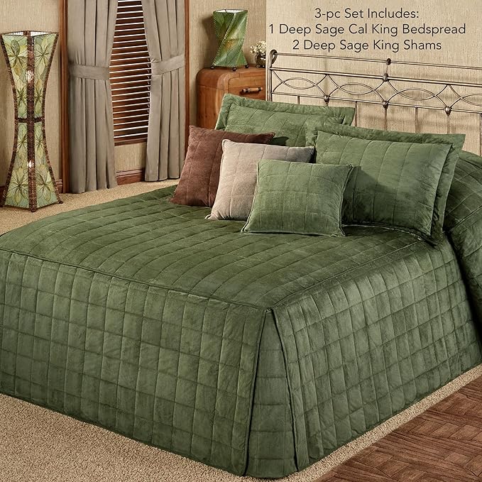 Touch of Class Camden Luxury Bedding | Warm Deep Sage Green Color | Grande Fitted Bedspread | Faux Suede Box Quilted Design | Designed 3 Piece Set Includes Cal King Bedspread and 2 King Shams