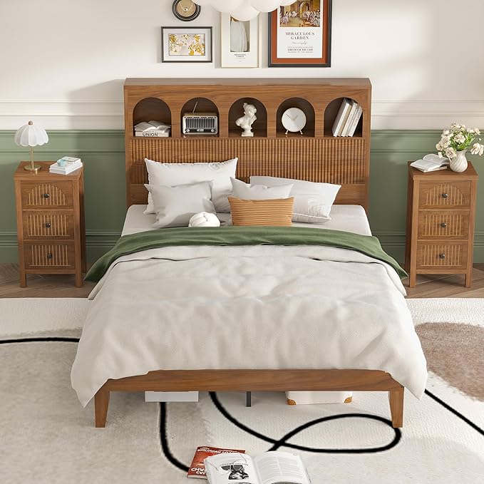 Queen Bed Frame with Storage Headboard 5 Arched Storage Compartments, 12.4 Inch Farmhouse Wooden Queen Bed Frame, No Box Spring Needed, No Noise (Walnut)