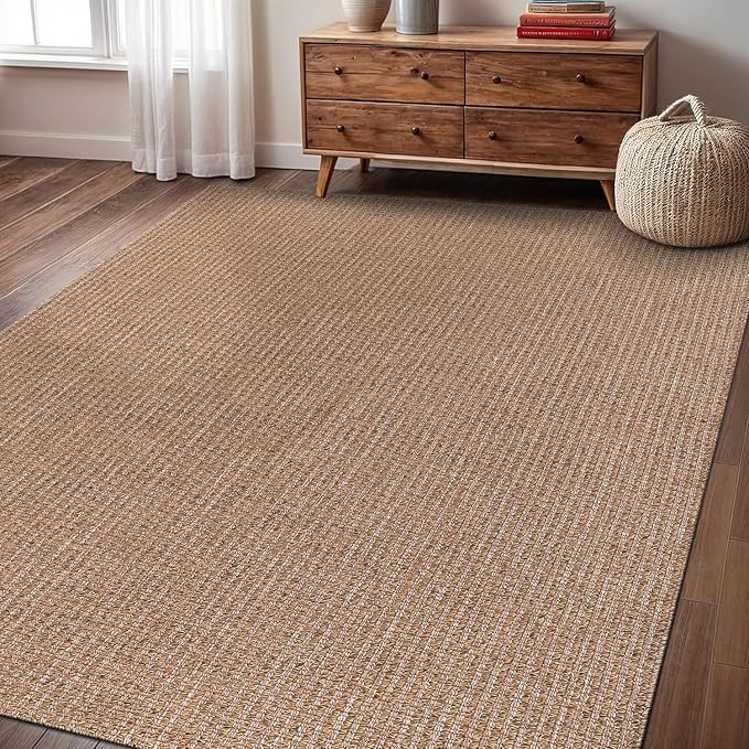Easy Jute Rug 9x12 Indoor Outdoor Natural Rugs Solid Fiber Rug Woven Area Rug Boho Easy Clean Inside Carpet for Living Room Bedroom Dining Room Hallway or Outdoor Patio Porch (9 X 12 Natural)