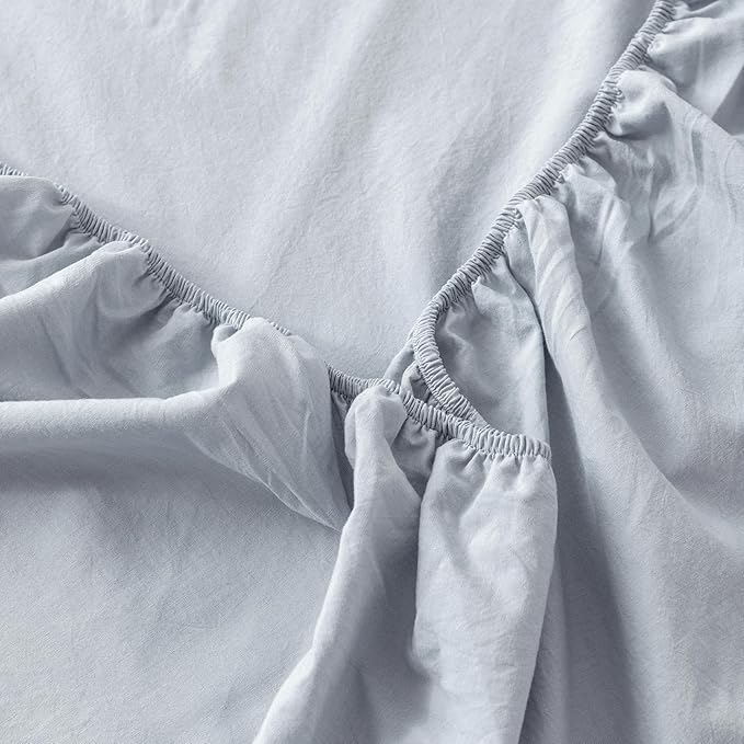 MooMee Fitted Bottom Sheet Only 100% Washed Cotton Linen Like Textured Breathable Durable Soft Comfy Deep Pocket Fits Mattress up to 17" (Cornflower Blue, California King)