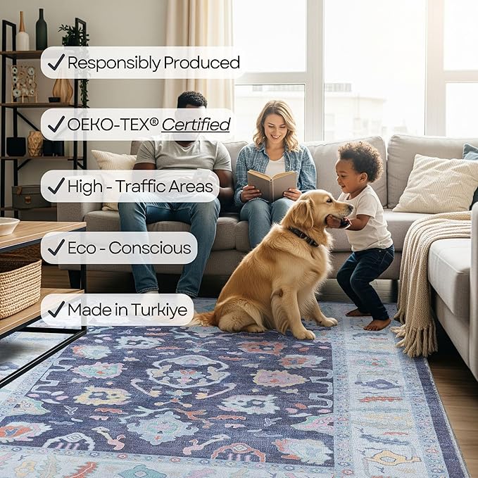 Fame Rugs Navy Blue Modern Oushak Rug 10x13, Vintage Turkish Colorful Oriental Washable Antique Inspired Oversize Area Rugs, Luxury Living Room Bedroom (388NB, 10' x 13')
