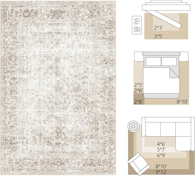 Fmfunctex 3x8 Runner Rug Beige Washable Vintage Neutral Distressed Non Slip Low Pile Indoor Carpet Soft Retro Floral Hallway Entryway Rug for Kitchen Living Room Bedroom Bathroom Laundry Entry Bedside