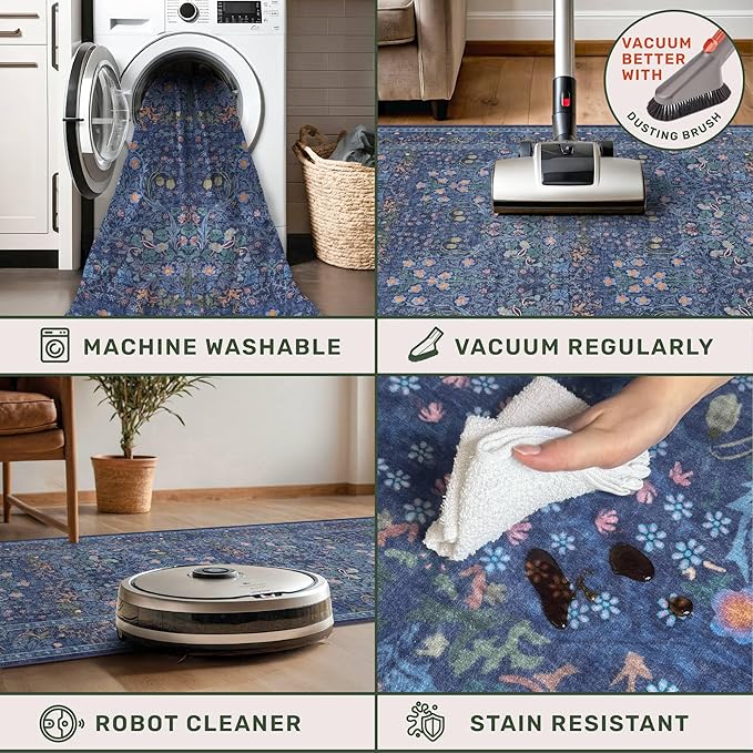 Non Slip 2x10 Dark Blue Hallway Runner - 10ft Long Runner Rugs, Washable Kitchen Floor Mat - Vintage Navy Floral Design Décor