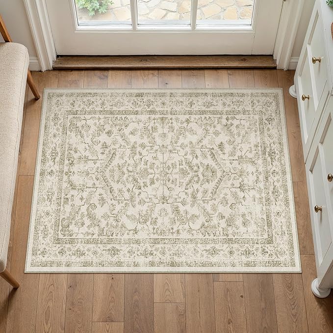 Taupe 2x3 Entryway Rug Vintage Area Carpet Indoor Kitchen Washable Door Mat Entrance Small Low Pile Traditional Distressed Retro Accent Throw Rug Non Slip Office Bathroom
