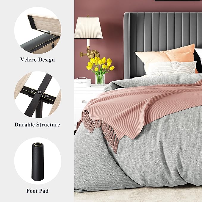 Allewie Full Size Velvet Bed Frame/Vertical Channel Tufted Wingback Headboard/Upholstered Platform Bed/Strong Wooden Slats/No Box Spring Needed/Easy Assembly/Grey