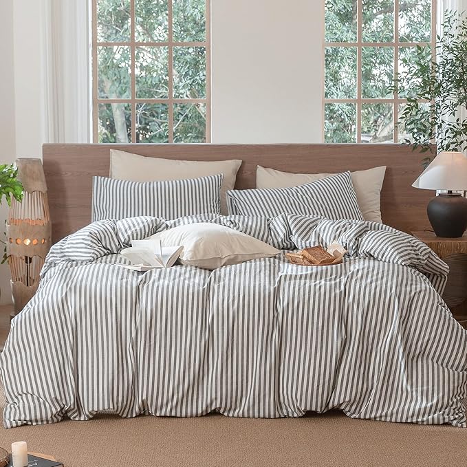 MooMee Striped Duvet Cover Set 100% Washed Cotton Linen Like Textured Breathable Durable Soft Comfy (Dark Grey White Classic Stripes, Queen 90"x90")