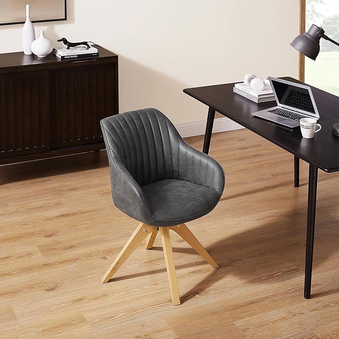 Zouron Mid Century Modern Accent Chair with Oak Wood Legs, Upholstered Swivel Chair No Wheels, Side Accent Armchair Vanity Chair for Small Space Home Office Living Room Bedroom, Black