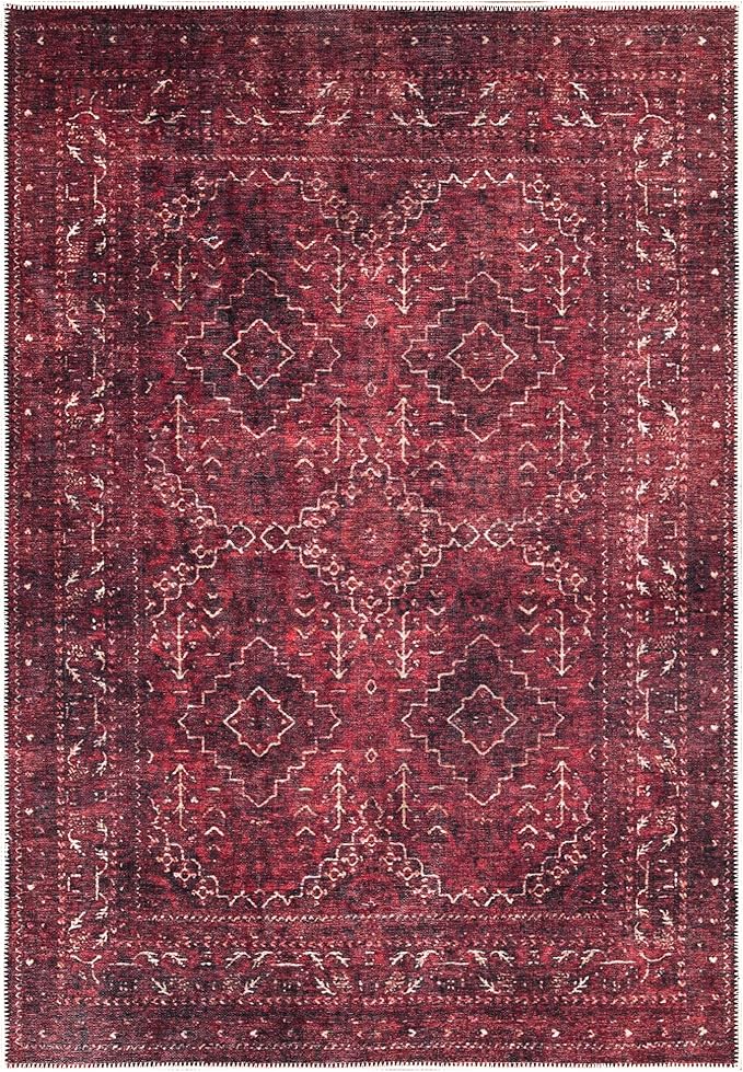 Bloom Rugs Washable Non-Slip 2' x 3' Rug - Dark Red Traditional Bordered Area Rug for Living Room, Bedroom, Dining Room, and Kitchen - Exact Size: 2' x 3'