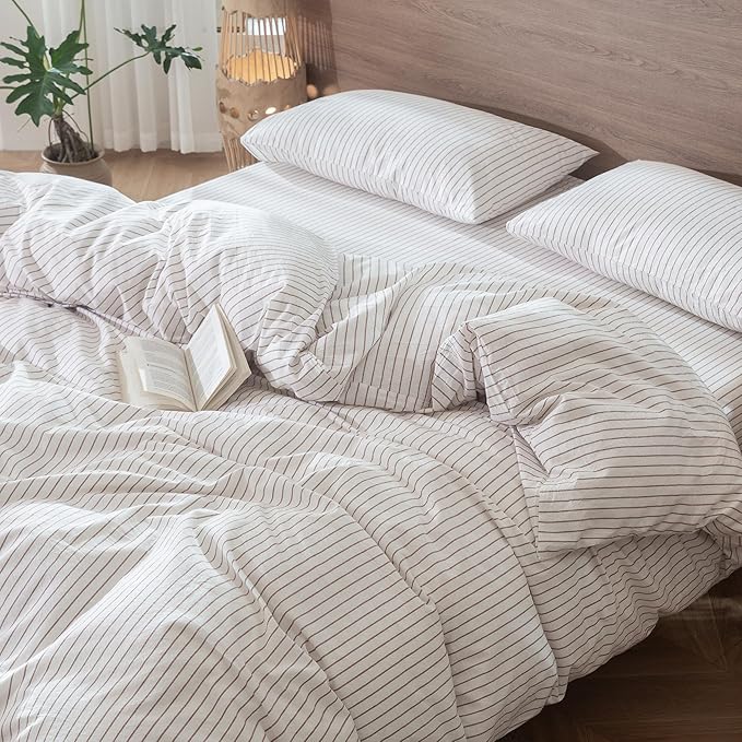 MooMee Striped Duvet Cover Set 100% Washed Cotton Linen Like Textured Breathable Durable Soft Comfy (White Orange Wide Stripes, Full 80"x90")