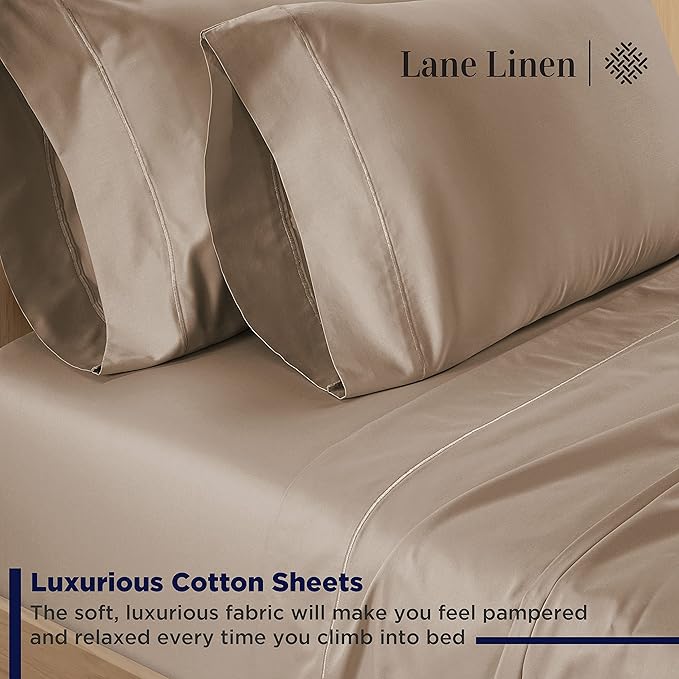 LANE LINEN 600 Thread Count 100% Mercerized Cotton Twin Sheets Set - Soft & Comfy Bed Sheets Set, Mercerized Cotton Sheets Set Twin Size, 15" Deep Pocket Twin Bedding Sheets & Pillowcases Set - Taupe