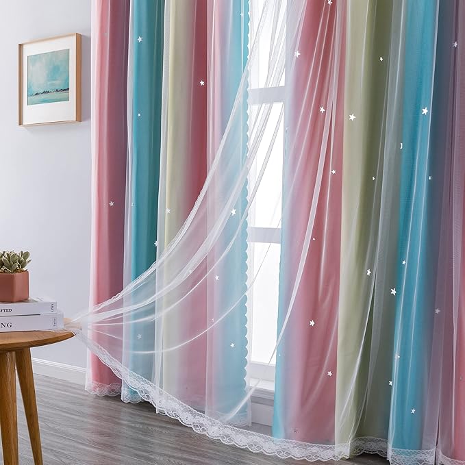 XiDi Curtains for Bedroom Decor, Rainbow Pink-Blue-34-54