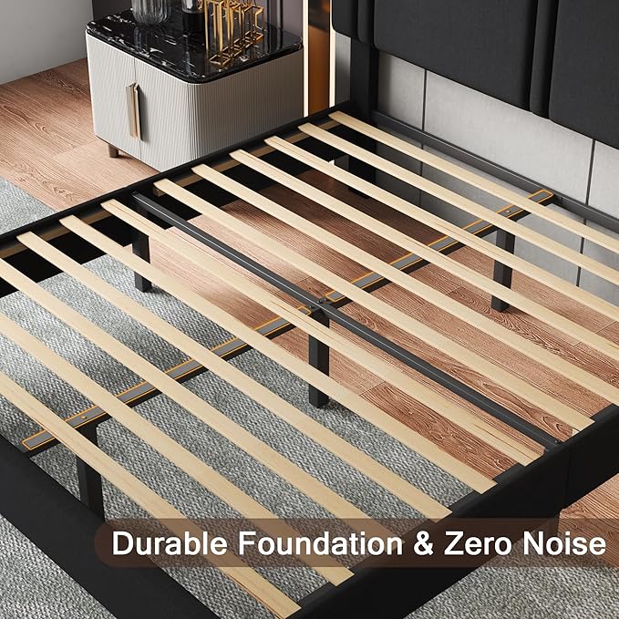 Upholstered Queen Size Bed Frame with Linen Fabric Headboard, Strong Wooden Slats Support, Noise Free, No Box Spring Needed, Black