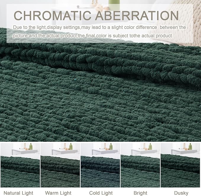 Chunky Knit Throw Blanket 50"X 60", 100% Handmade with Soft Chenille Yarn, 4.4lbs Thick Cable Knitted Blankets, Large Rope Knot Crochet Throws for Couch Sofa Bed Home Decor, Dark Green