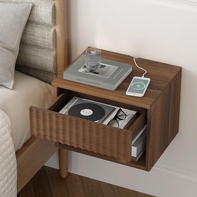 Floating Bedside Cabinet Set of Four with Drawers and Open Shelves, Compact Wall-Mounted Bedside Shelf, Modern Recessed Bedside Cabinet Suitable for Bedrooms and Living Rooms, Brown