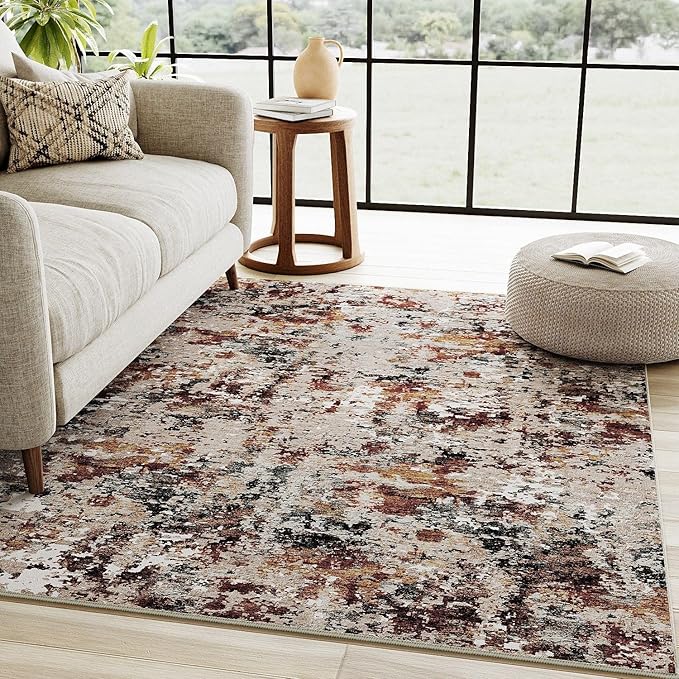 Modern Area Rug 3x5 Machine Washable Entryway Entrance Carpet Red Brown Multi Kitchen Mat Non Slip Indoor Accent Neutral Abstract Distressed Throw Rug for Dining Living Room Office Bedroom