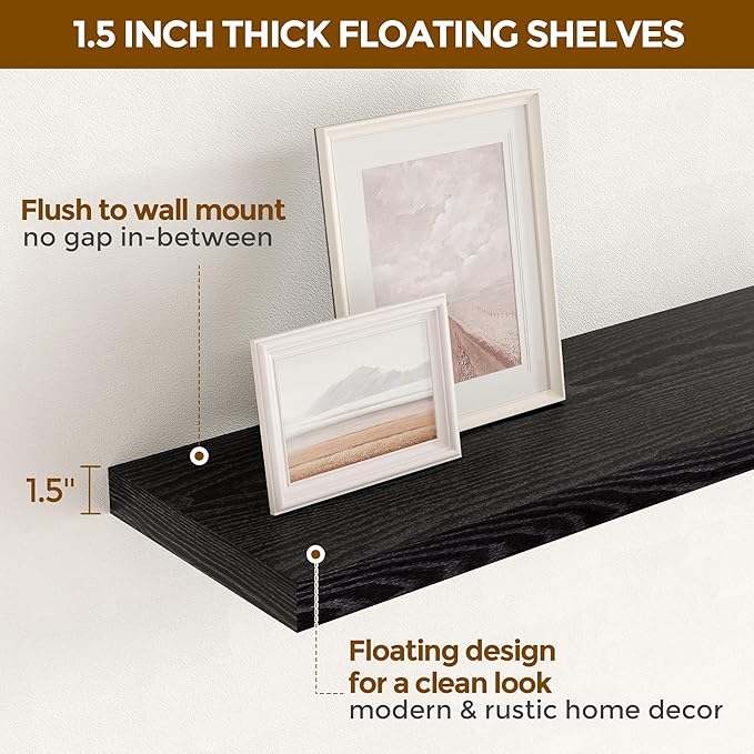 Fun Memories 32 Inch Floating Shelves, Wall-Mounted Bathroom Shelves Set of 2, 9.3 Inch Deep Floating Shelf Bookshelf for Living Room, Bedroom, Heavy-Duty Deep Storage Shelf for Wall, Black Color