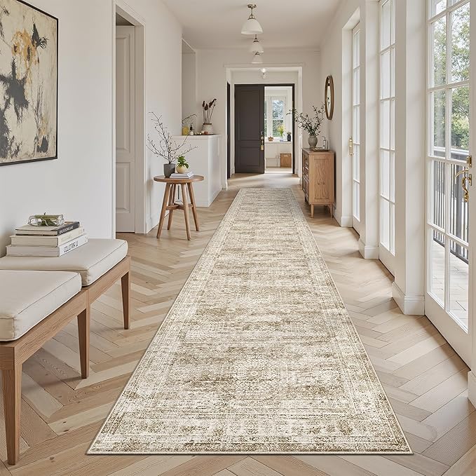 Runner Rug 2'6" x 12' Washable Non-Slip Runner Rugs for Kitchen Bathroom Laundry Room Vintage Ultra Thin Runners for Hallway Entryway Brown