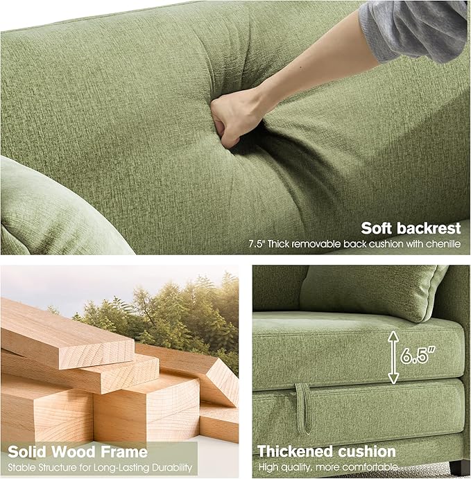 65" Loveseat Sleeper Sofa Bed, Chenille Convertible Floor Sofa Bed for Small Spaces, Folding Couch Bed with Deep Seat, 2 Pillows & Solid Frame, Pull Out Floor Couch for Living Room, Green