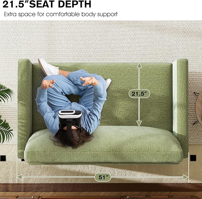 51" Loveseat Sleeper Sofa Bed, Chenille Convertible Floor Sofa Bed for Small Spaces, Folding Couch Bed with Deep Seat, 2 Pillows & Solid Frame, Pull Out Floor Couch for Living Room, Green