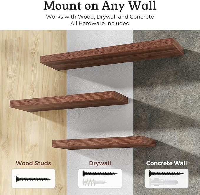 Floating Shelves for Wall, 9.3" Deep Wall Mounted Wood Shelves for Bathroom, Bedroom, Living Room, Kitchen, Hanging Shelf for Books/Storage/Room Decor (Walnut, 36")