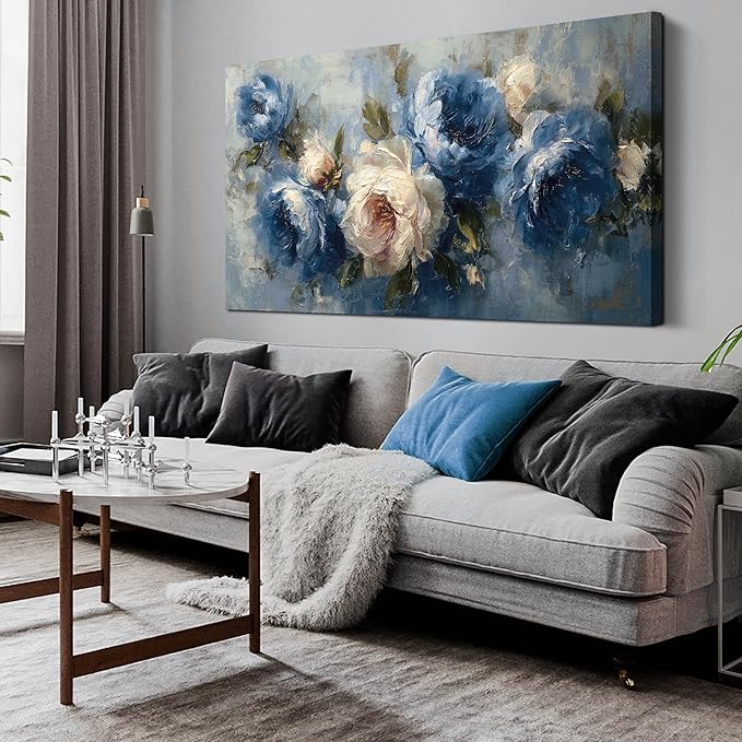 JuhaiArt Blue Wall Art Bedroom Large Flower Canvas Wall Decor Peony Floral Picture Art White Artwork for Living Room Office 29" x 59"