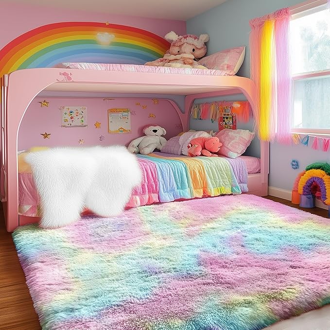 PAGISOFE Fluffy Colorful Rainbow Rugs for Bedroom Girls 5x7, Soft Unicorn Shag Cute Girls Room Rugs for Kids Playroom Living Room Nursery Home Decor, Furry Kawaii Princess Rug,Pastel Shaggy Rug Carpet