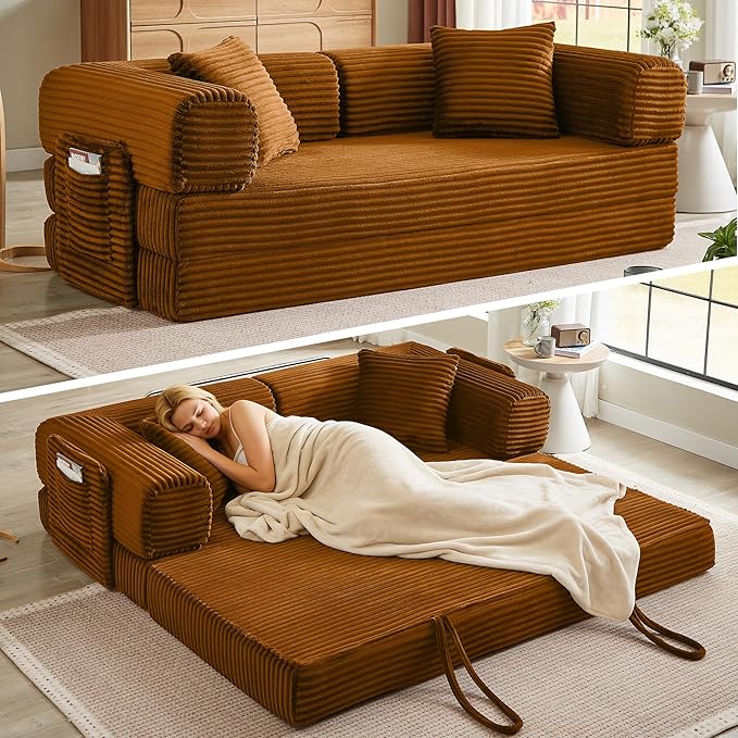 Boneless Couch Folding Couches for Living Room Sofa, Futon Sofa Bed with Sleeper Sofa, Futon Couch with Fixed-Shape Oversized Corduroy Upholstered (Orange, 81 Inches)