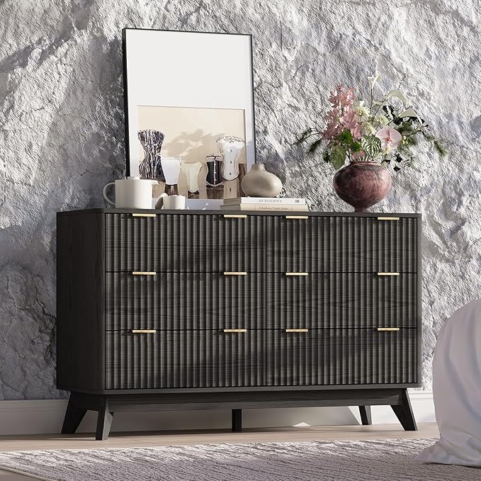 47'' Wide 6 Drawers Dresser for Bedroom,Modern Fluted Vertical Chest with Rounded Corners,Fluted Dresser for Living Room,Hallway, Black