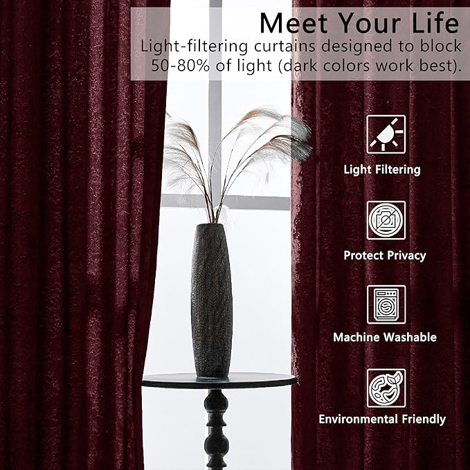 SMILETIME Burgundy Red Crushed Velvet Curtains 52x108inch Rod Pocket Luxurious Thermal Insulated Soundproof Drapes Soft and Durable Light-Filtering Window Treatments for Living Room Bedroom, 2 Panels