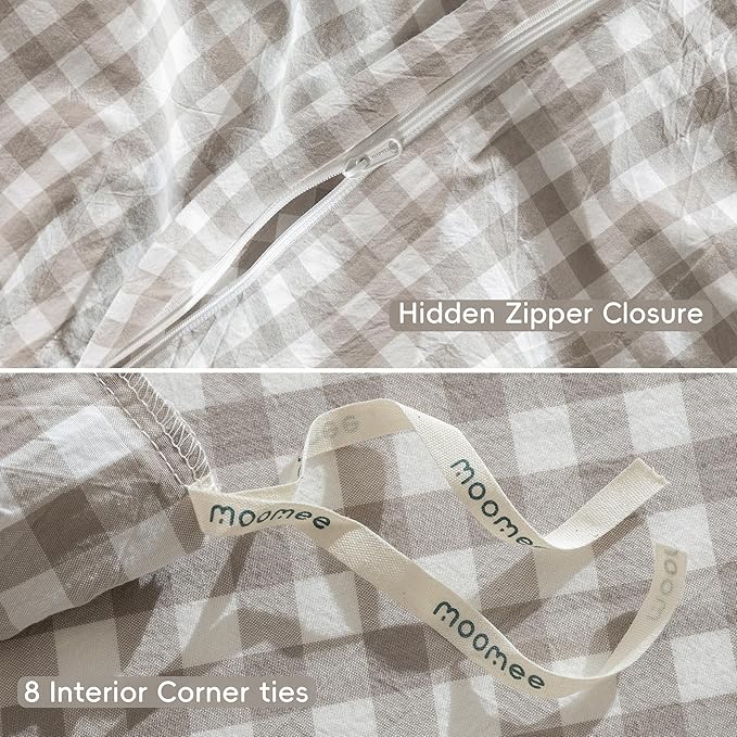 MooMee Gingham Duvet Cover Set 100% Washed Cotton Linen Like Textured Breathable Durable Soft Comfy Modern Checkered Design (Tannish Linen Grey Gingham, Super Queen 90"x98")
