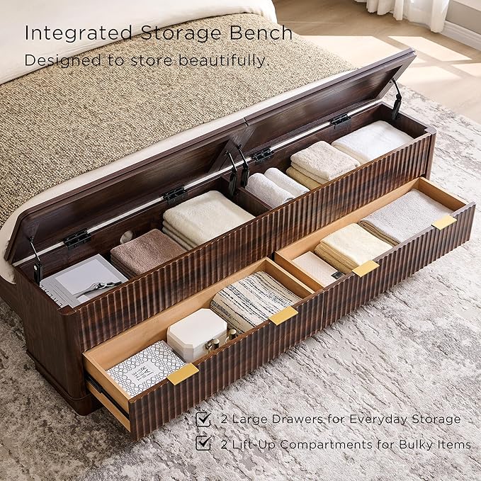 T4TREAM Fluted Queen Size Bed Frame with Wingback Headboard, Footboard Storage Bench with Built-in Drawers & Lift-Up Compartments, Wood & Steel Platform Bed, No Box Spring Needed, Dark Walnut
