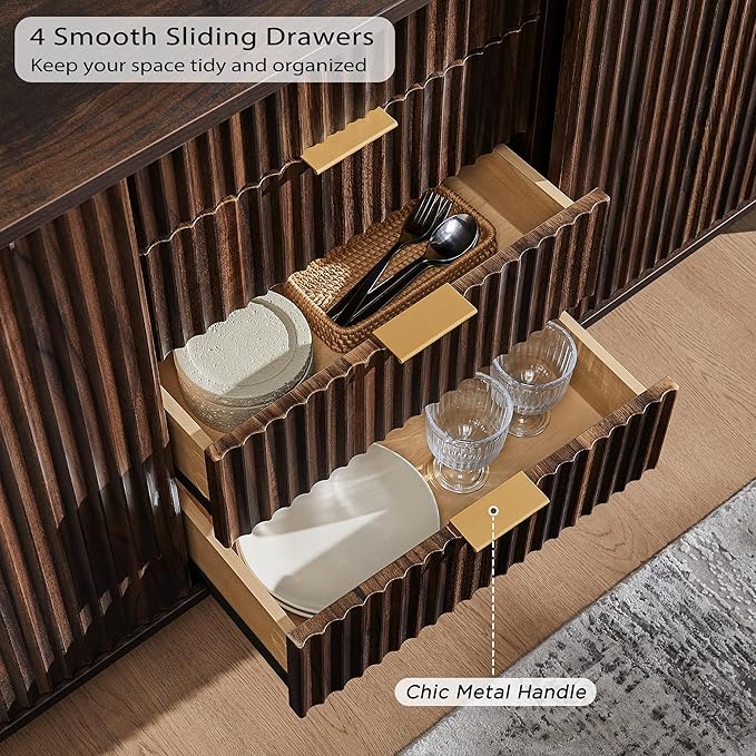 T4TREAM Fluted Buffet Cabinet, 60" Modern Sideboard with Sliding Doors & 4 Drawers, Coffee Bar Table with Storage, Curved Profile Design for Dining Room, Living Room, Dark Walnut