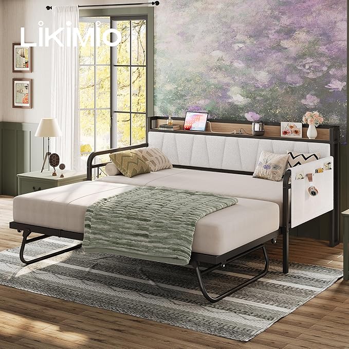 LIKIMIO Daybed with Trundle Bed, Twin Bed Frame with Storage Headboard and Charging Station, Sofa Day Bed with Strong Supports for Living Room, Bedroom, and Guest Room, Cream